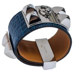 Hermès Blue Alligator Leather Collier de Chien Cuff Bracelet S