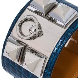 Hermès Blue Alligator Leather Collier de Chien Cuff Bracelet S