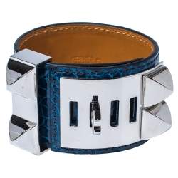 Hermès Blue Alligator Leather Collier de Chien Cuff Bracelet S