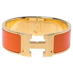 Pre Owned Hermes Clic Clac H Orange Enamel Gold Plated Wide Bracelet PM