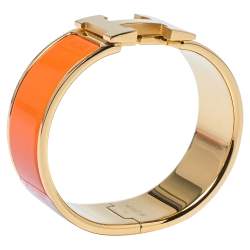 Pre Owned Hermes Clic Clac H Orange Enamel Gold Plated Wide Bracelet PM