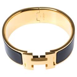 Pre Owned Hermes Clic Clac H Black Enamel Gold Plated Wide Bracelet PM