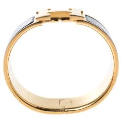 Pre Owned Hermes Clic Clac H Black Enamel Gold Plated Wide Bracelet PM