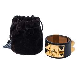 Pre Owned Hermès Black Leather Collier de Chien Cuff Bracelet S