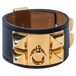 Pre Owned Hermès Black Leather Collier de Chien Cuff Bracelet S