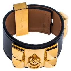 Pre Owned Hermès Black Leather Collier de Chien Cuff Bracelet S