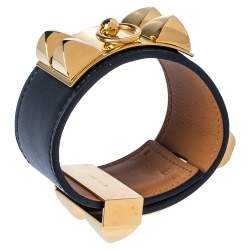 Pre Owned Hermès Black Leather Collier de Chien Cuff Bracelet S
