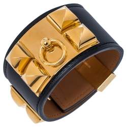 Pre Owned Hermès Black Leather Collier de Chien Cuff Bracelet S