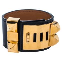 Pre Owned Hermès Black Leather Collier de Chien Cuff Bracelet S