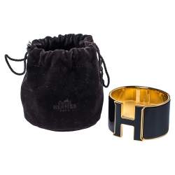 Pre Owned Hermès Clic Clac H Black Enamel Gold Plated Extra Wide Bracelet PM
