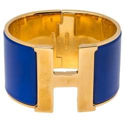 Pre Owned Hermès Clic Clac H Blue Enamel Gold Plated Wide Bracelet PM