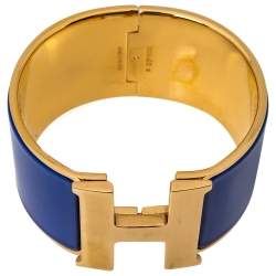 Pre Owned Hermès Clic Clac H Blue Enamel Gold Plated Wide Bracelet PM