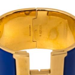Pre Owned Hermès Clic Clac H Blue Enamel Gold Plated Wide Bracelet PM