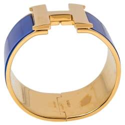 Pre Owned Hermès Clic Clac H Blue Enamel Gold Plated Wide Bracelet PM