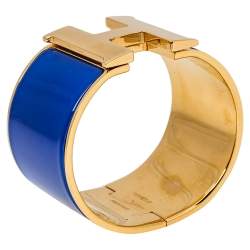 Pre Owned Hermès Clic Clac H Blue Enamel Gold Plated Wide Bracelet PM