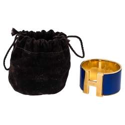 Pre Owned Hermès Clic Clac H Blue Enamel Gold Plated Wide Bracelet PM