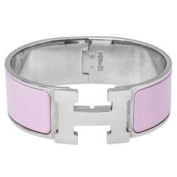 Pre Owned Hermès Clic H Pink Enamel Palladium Plated Narrow Bracelet PM