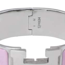Pre Owned Hermès Clic H Pink Enamel Palladium Plated Narrow Bracelet PM