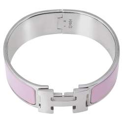 Pre Owned Hermès Clic H Pink Enamel Palladium Plated Narrow Bracelet PM