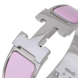 Pre Owned Hermès Clic H Pink Enamel Palladium Plated Narrow Bracelet PM