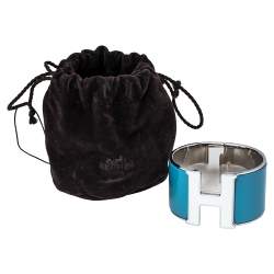Pre Owned Hermès Clic Clac H Blue & White Enamel Palladium Plated Extra Wide Bracelet PM
