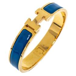 Hermes Clic H Blue Enamel Gold Plated Narrow Bracelet GM