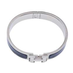 Pre Owned Hermes Clic H Blue Enamel Palladium Plated Narrow Bracelet GM
