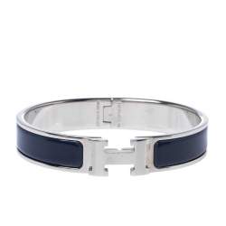 Pre Owned Hermes Clic H Blue Enamel Palladium Plated Narrow Bracelet GM