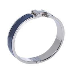 Pre Owned Hermes Clic H Blue Enamel Palladium Plated Narrow Bracelet GM