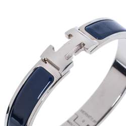 Pre Owned Hermes Clic H Blue Enamel Palladium Plated Narrow Bracelet GM