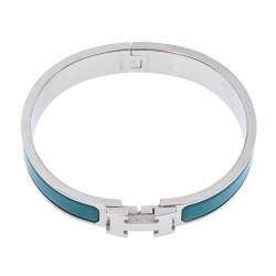 Pre Owned Hermes Clic H Green Enamel Palladium Plated Narrow Bracelet GM