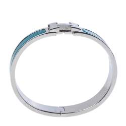 Pre Owned Hermes Clic H Green Enamel Palladium Plated Narrow Bracelet GM