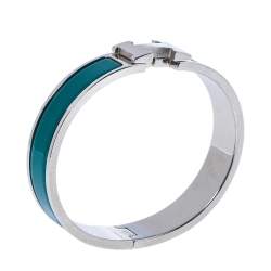 Pre Owned Hermes Clic H Green Enamel Palladium Plated Narrow Bracelet GM