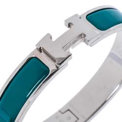 Pre Owned Hermes Clic H Green Enamel Palladium Plated Narrow Bracelet GM