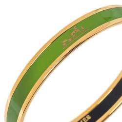Pre Owned Hermès Calèche Green Enamel Gold Plated Narrow Bangle Bracelet