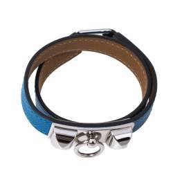 Pre Owned Hermes Rivale Blue Leather Palladium Plated Double Tour Bracelet XS