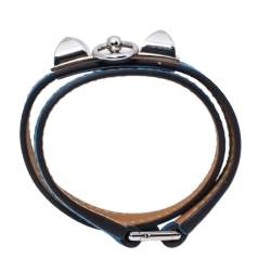 Pre Owned Hermes Rivale Blue Leather Palladium Plated Double Tour Bracelet XS