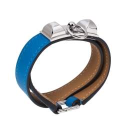 Pre Owned Hermes Rivale Blue Leather Palladium Plated Double Tour Bracelet XS