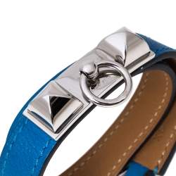 Pre Owned Hermes Rivale Blue Leather Palladium Plated Double Tour Bracelet XS