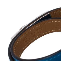 Pre Owned Hermes Rivale Blue Leather Palladium Plated Double Tour Bracelet XS