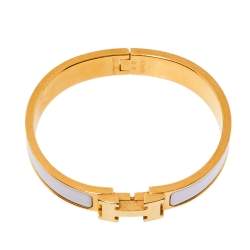 Pre Owned Hermès Clic H Craie Enamel Gold Plated Narrow Bracelet PM