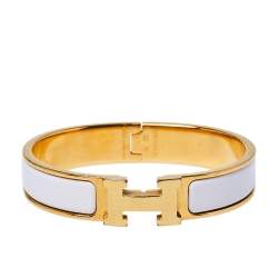 Pre Owned Hermès Clic H Craie Enamel Gold Plated Narrow Bracelet PM
