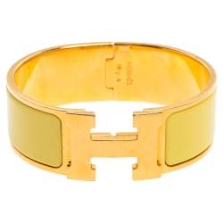 Pre Owned Hermes Clic Clac H Yellow Enamel Gold Plated Wide Bracelet PM