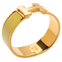 Pre Owned Hermes Clic Clac H Yellow Enamel Gold Plated Wide Bracelet PM