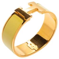 Pre Owned Hermes Clic Clac H Yellow Enamel Gold Plated Wide Bracelet PM