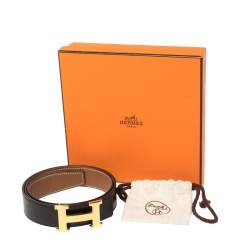 Pre Owned Hermes Noir/Gold Blue Swift and Togo Leather H Buckle Belt Size 85CM