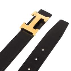 Pre Owned Hermes Noir/Gold Blue Swift and Togo Leather H Buckle Belt Size 85CM