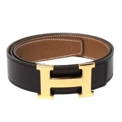 Pre Owned Hermes Noir/Gold Blue Swift and Togo Leather H Buckle Belt Size 85CM