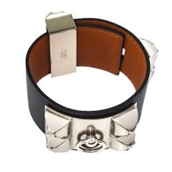 Pre Owned Hermes Collier De Chien Graphite Leather Palladium Plated Cuff Bracelet S