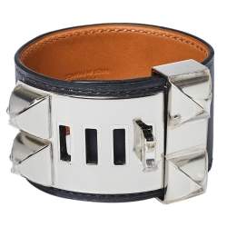 Pre Owned Hermes Collier De Chien Graphite Leather Palladium Plated Cuff Bracelet S